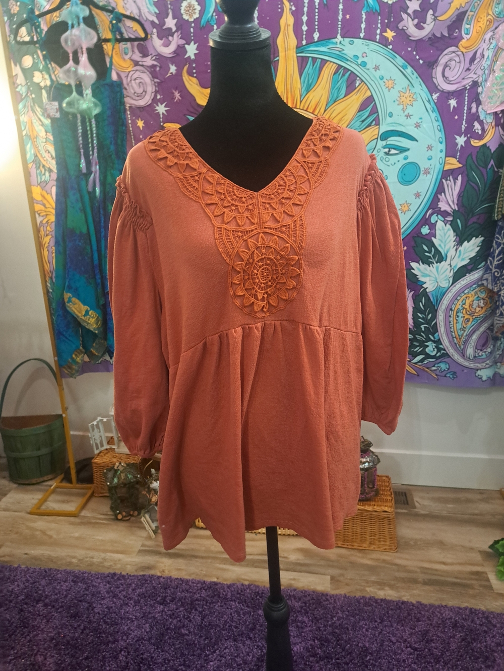 Harvest Spell Crochet Tunic 2X Rust Boho Babydoll Balloon Sleeve Plus Size Top
